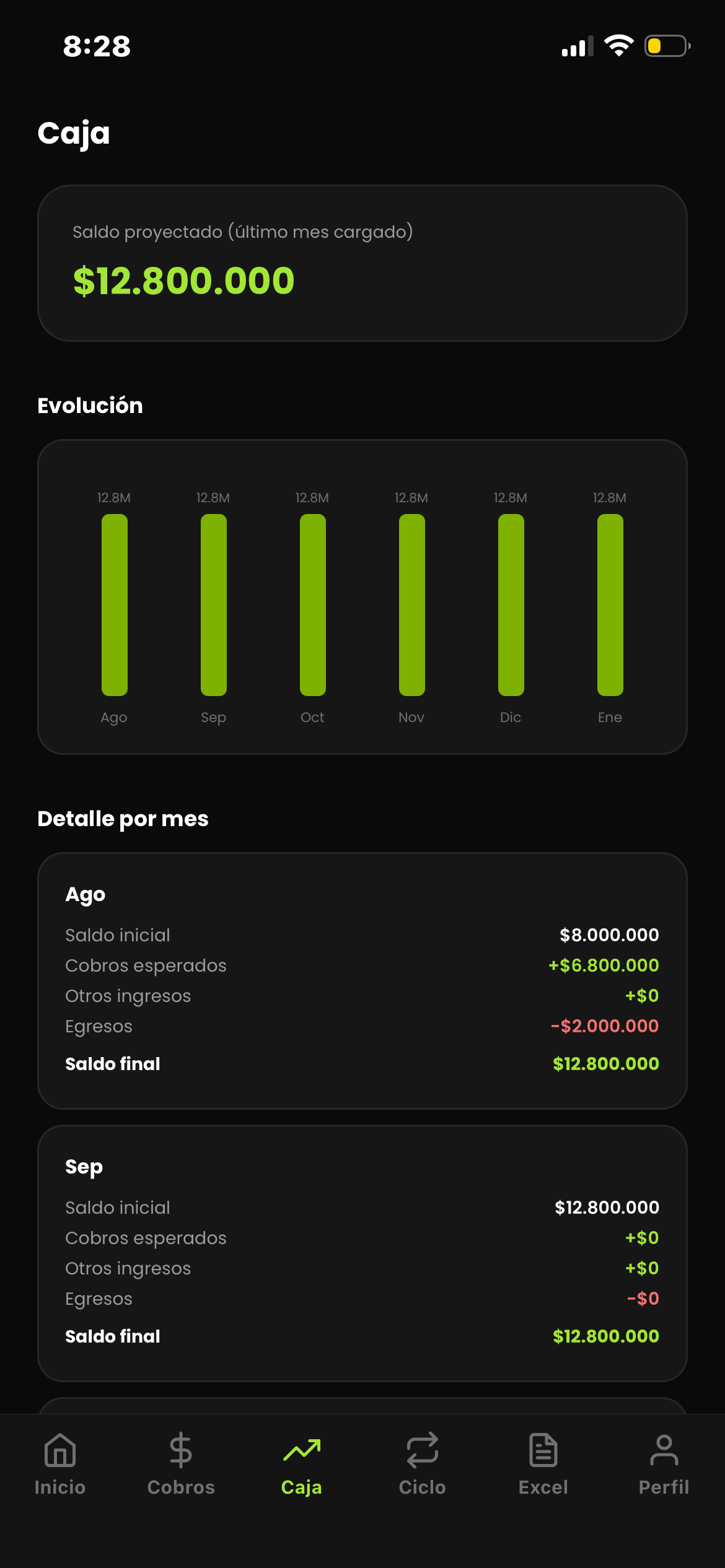 Pantalla de Caja con proyección mes a mes