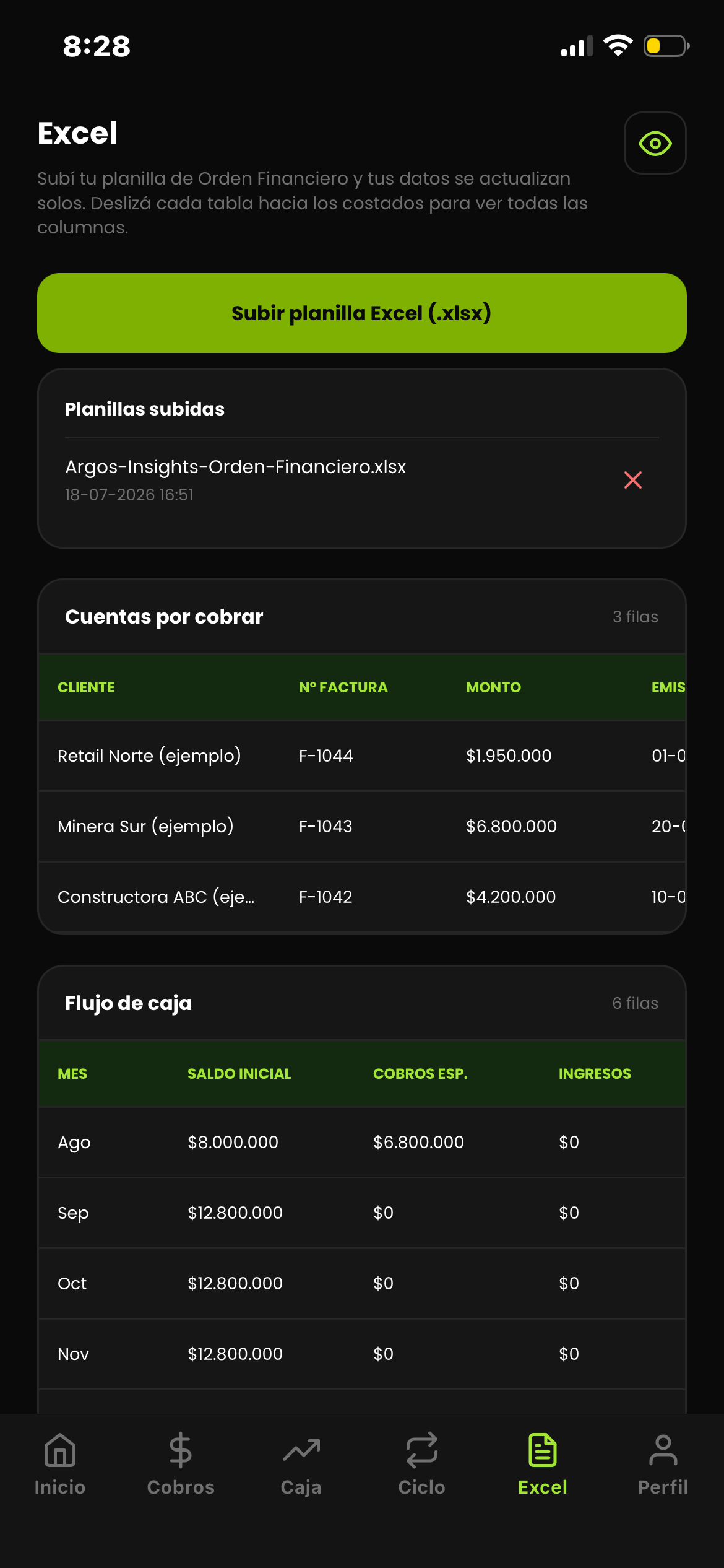 Pantalla de Excel para subir tu planilla