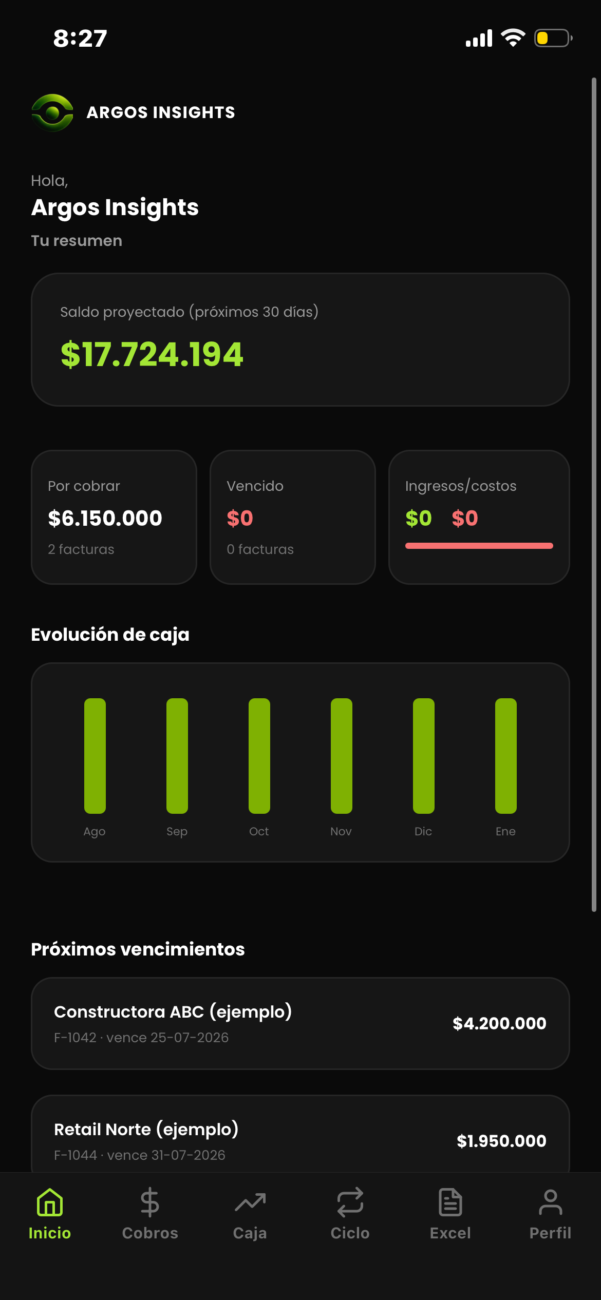 Pantalla de Inicio de la app Argos Insights