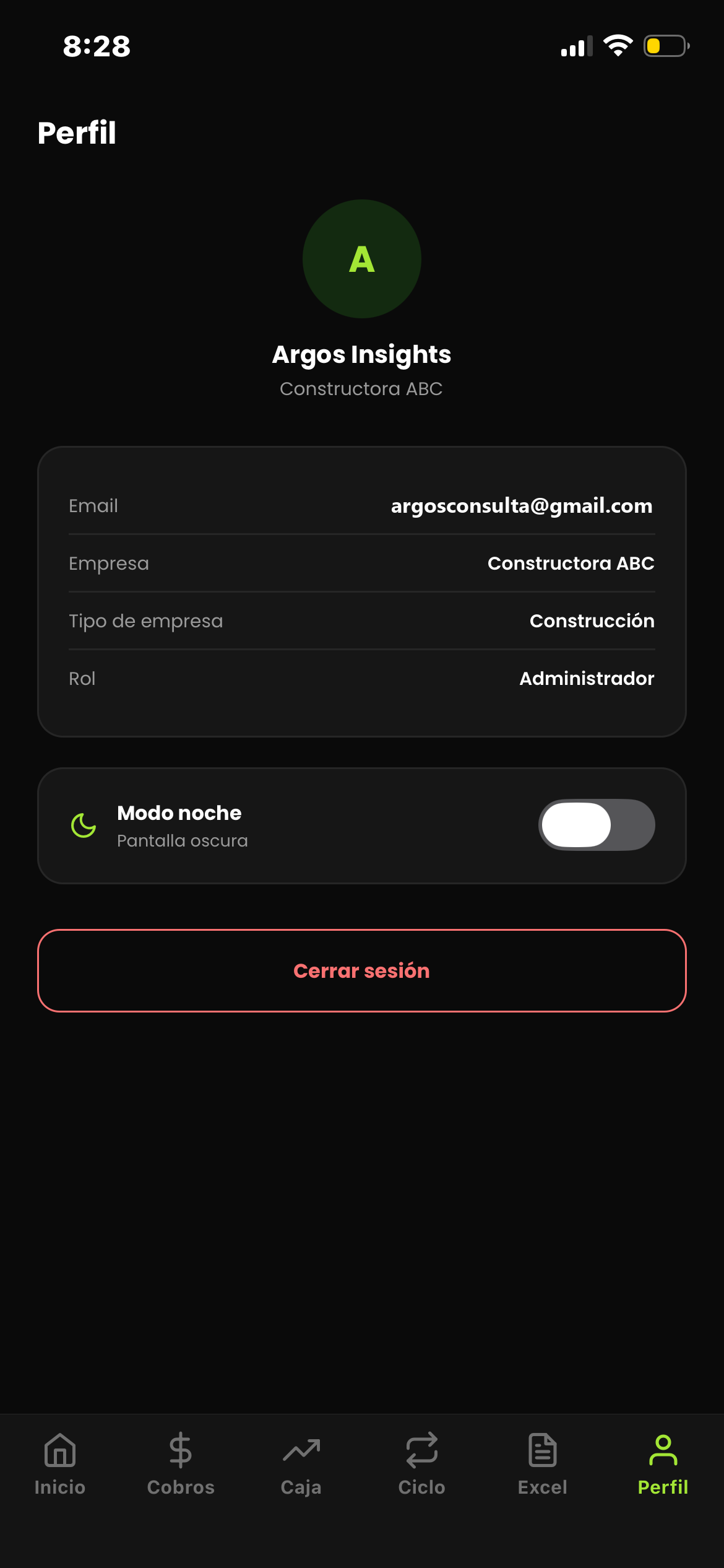 Pantalla de Perfil con datos de tu empresa