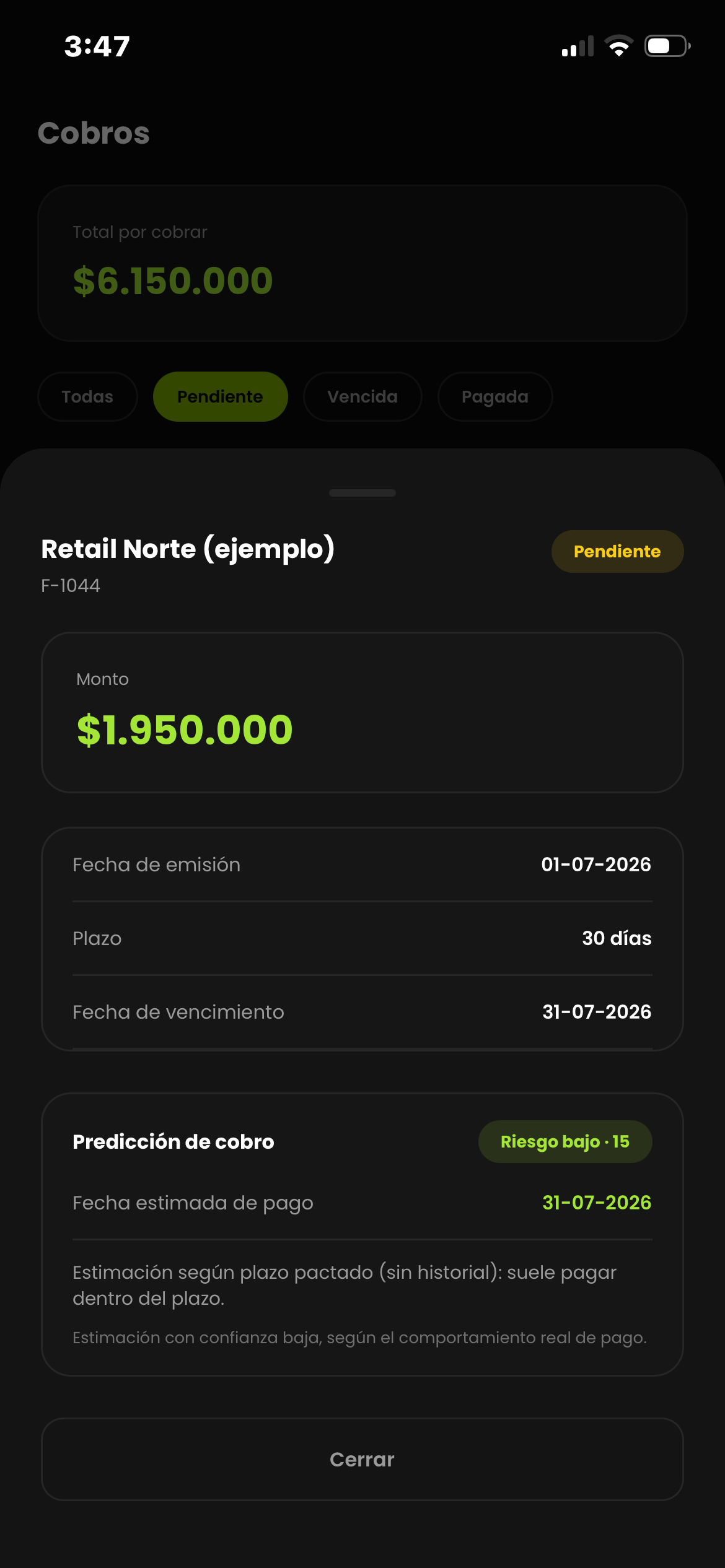 Detalle de factura con predicción de cobro por IA